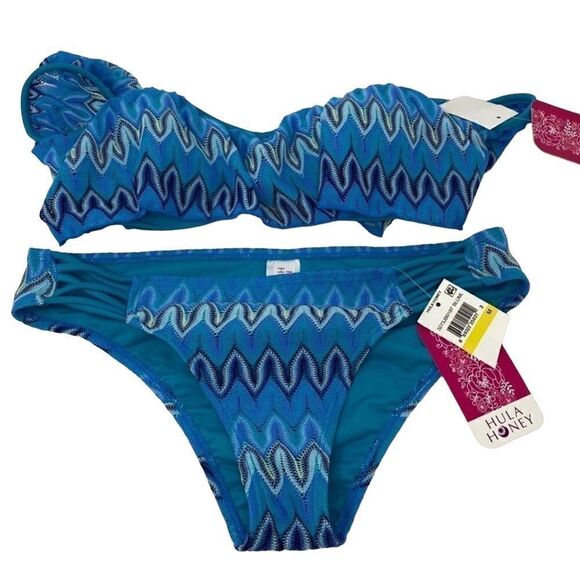 Hula Honey M NWT Blue Crochet 2 Piece Beach Summer Vacation Strapless Bikini - Picture 1 of 11